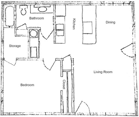 Floor plan for 1 bed, 1 bath, 680 sqft